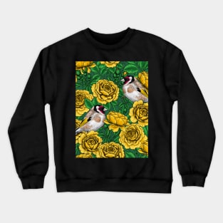 Yellow Rose flowers and goldfinch birds Crewneck Sweatshirt